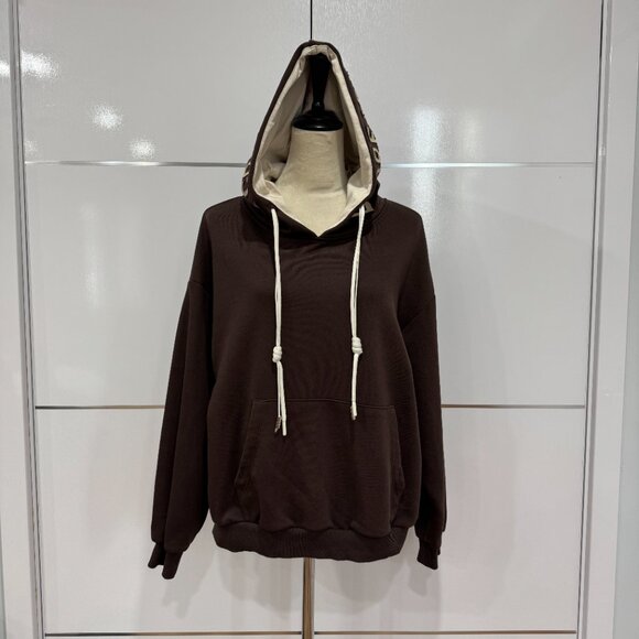 Women Loose Drop Shoulder Drawstring Hoodie Sweatshirt Brown, Size M/38 - Picture 3 of 17